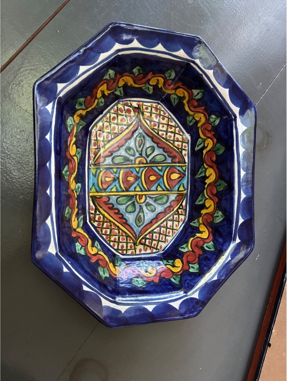 Hand-Painted Octagonal Ceramic Serving Bowl with Colorful Geometric Design